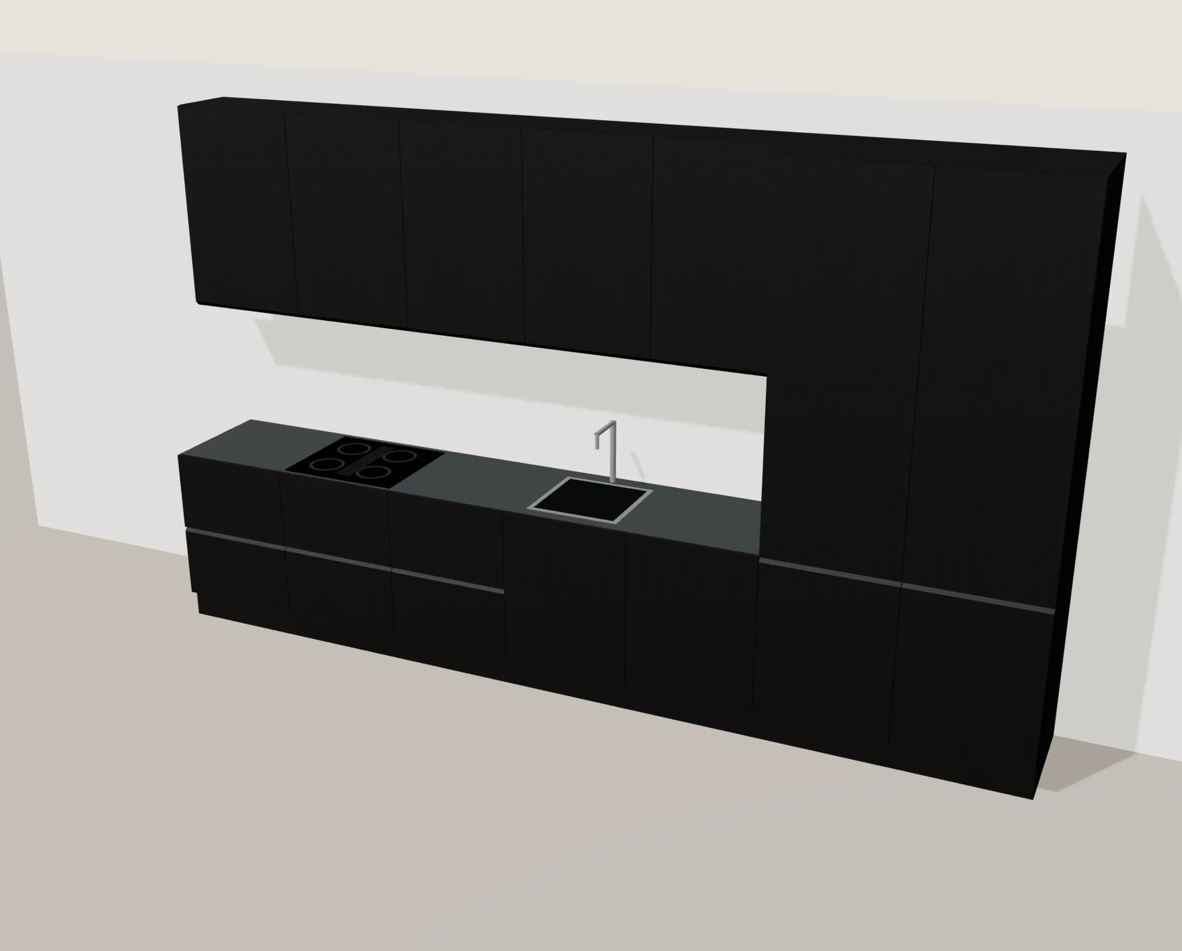 Cucina 45° a parete, 420 cm, con colonne frigo e dispensa