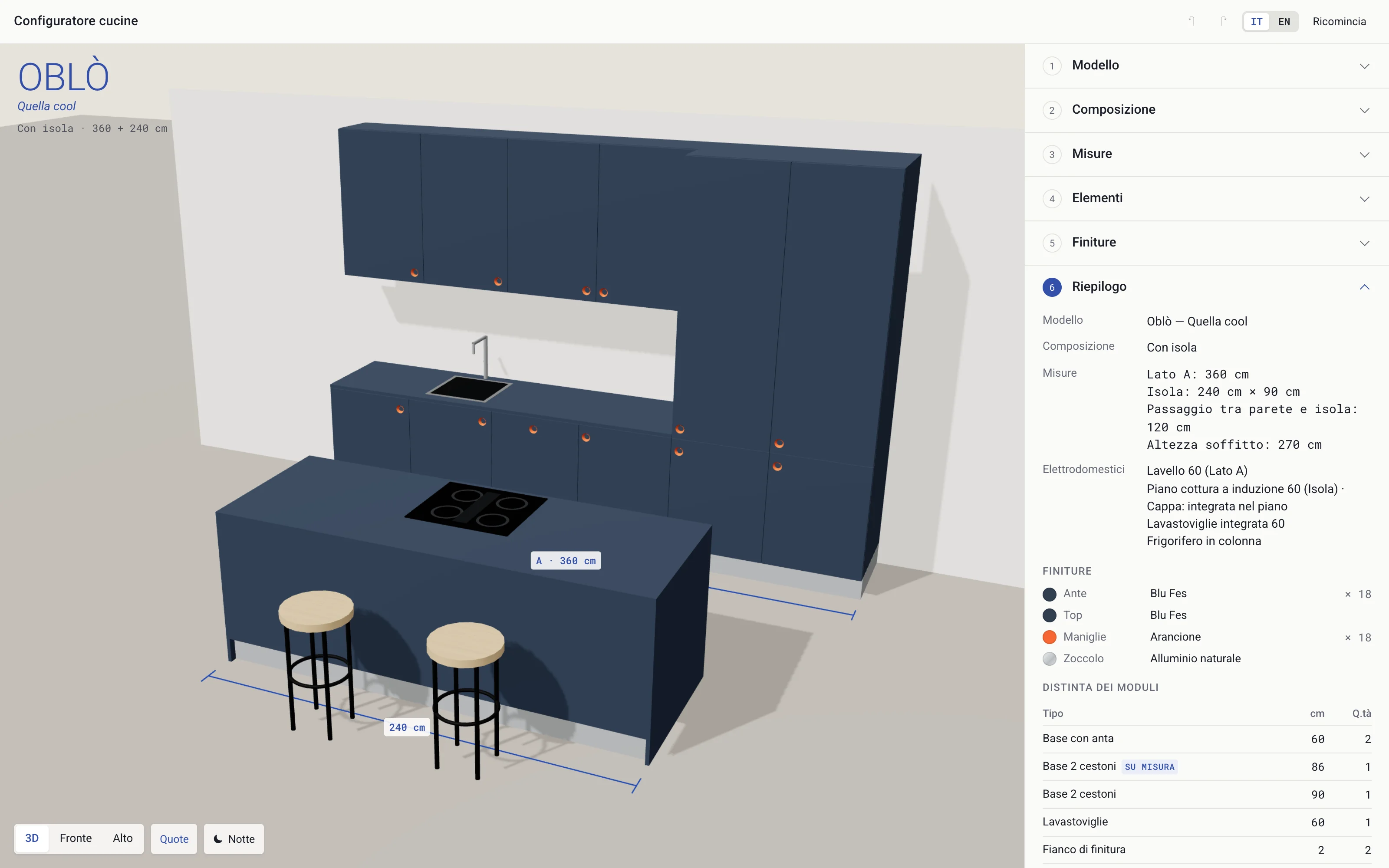 Il configuratore: cucina Oblò con isola in 3D e riepilogo con misure, elettrodomestici e finiture