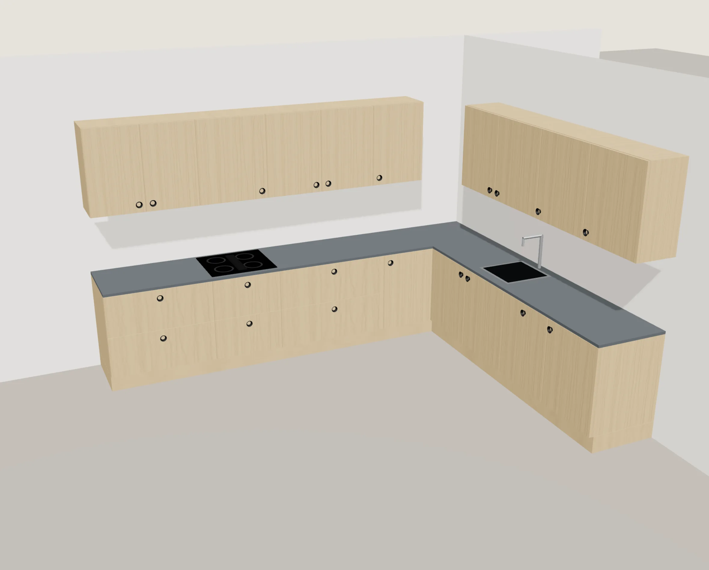 Cucina Oblò ad angolo in rovere, vista di giorno