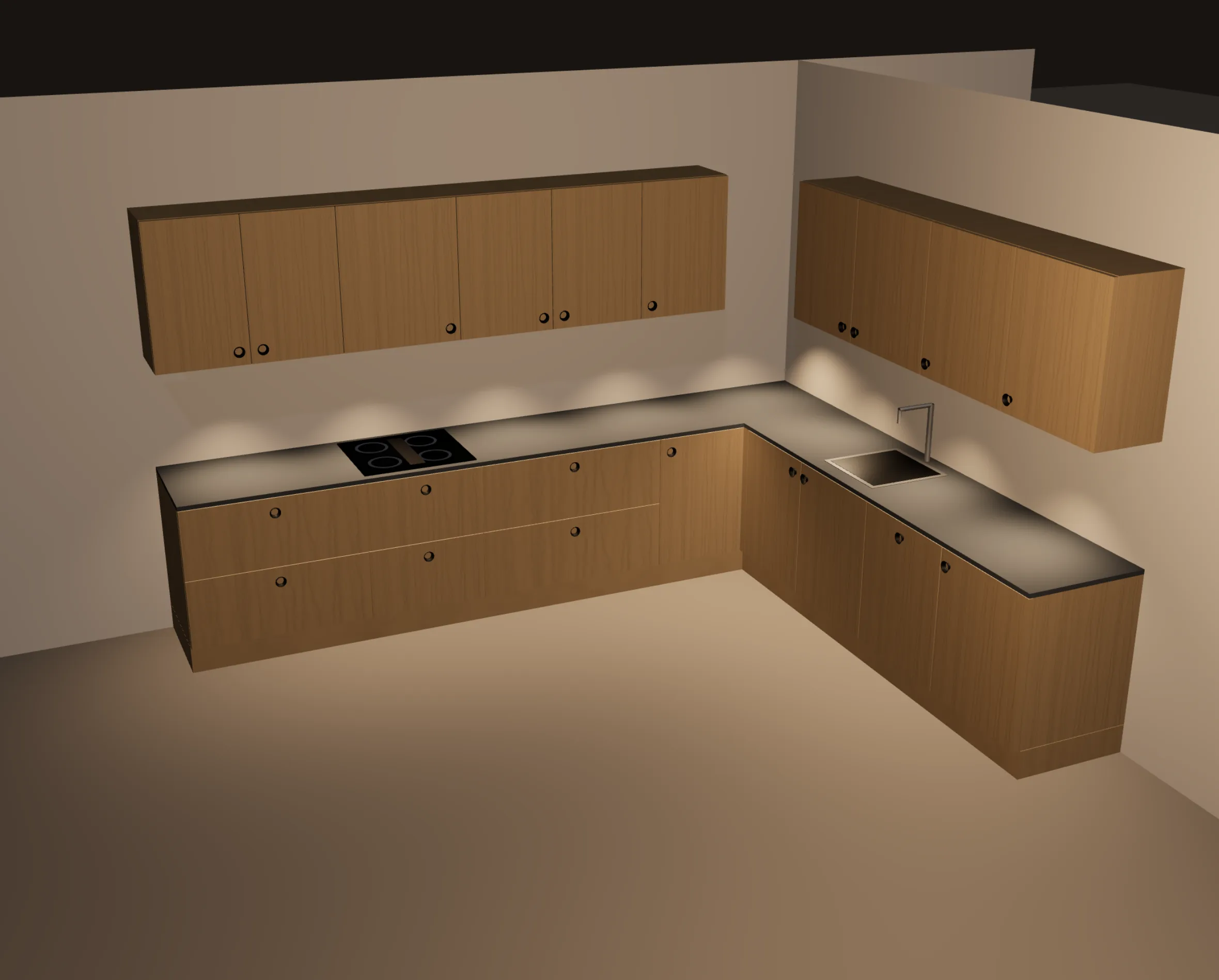 La stessa cucina di sera, con le luci sotto i pensili